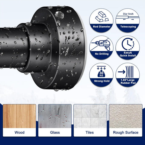 No Drill Tension Shower Curtain Rod 34 To 82 Inches, Non Slip And Rust Proof Stainless Steel, Easy Tool Free Install For Bathroom And Window, Matte Black Finish close-up with water droplets.