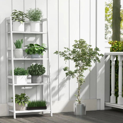 Top Notch Four Tier Bamboo Ladder Shelf Game Changer Plant Stand And Bulk Storage Rack No Sweat Freestanding Organizer For Versatile Indoor Living Room Home Office Spaces