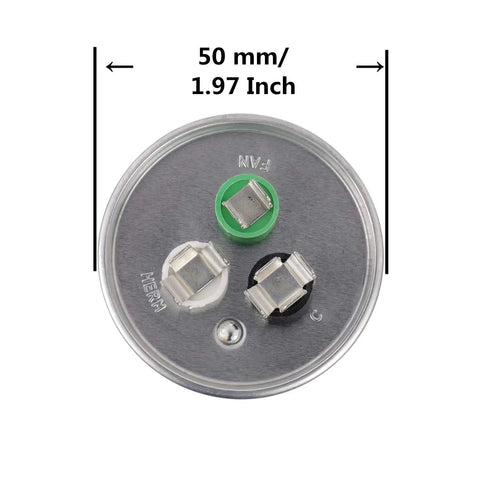 Top view of 35 Plus 5uF Dual Run Circular Start Capacitor For AC Motors Fans And Condenser 370V 440V CBB65, 50mm diameter