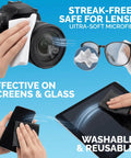 Six-pack microfiber cleaning cloths, 6x7 in, grey and white, lint-free lens and screen cleaners for glasses and devices