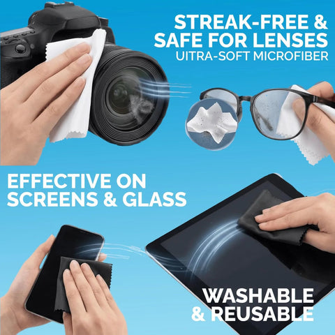Six-pack microfiber cleaning cloths, 6x7 in, grey and white, lint-free lens and screen cleaners for glasses and devices