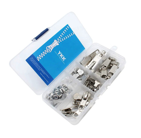 Zip Repair Kit With Metal Aluminum Sliders And Top And Bottom Stops, Assorted Sizes 3, 4.5, 5, And 10, Easy Storage Container
