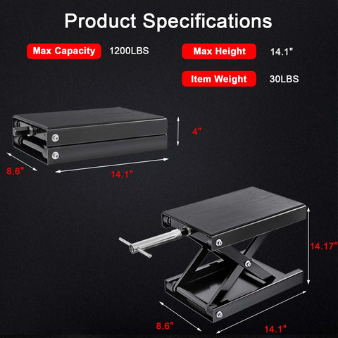 1200 Lbs Motorcycle Jack Lift Stand For Dirt Bike ATV Scissor Jack with Crank Handle and Breaker Bar, steel lift system, side view.