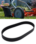 260J10 Rubber Drive Belt for Lawn Mower shown next to lawn mower, 1 inch wide, 26 inch circumference, 10 rib closed loop belt.
