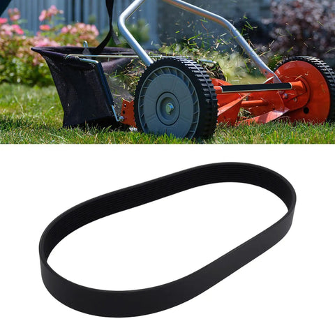 260J10 Rubber Drive Belt for Lawn Mower shown next to lawn mower, 1 inch wide, 26 inch circumference, 10 rib closed loop belt.