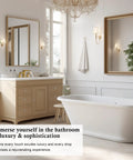 Brushed Gold Waterfall Bathroom Faucet With 3 Hole Widespread Deck Mount Pro Grade Lead Free Brass Vanity Faucet With Two Handles Pop Up Drain And Supply Hoses Included MP107BG on a beige vanity in elegant bathroom setting.