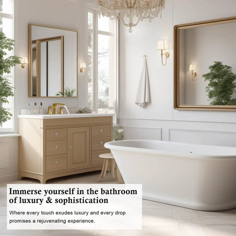 Brushed Gold Waterfall Bathroom Faucet With 3 Hole Widespread Deck Mount Pro Grade Lead Free Brass Vanity Faucet With Two Handles Pop Up Drain And Supply Hoses Included MP107BG on a beige vanity in elegant bathroom setting.