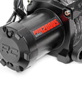 12000 Pound Pro Series Electric Winch With Heavy Duty Synthetic Rope For Off Road Recovery 85 Foot Three Eighth Inch Rope And A Six Horsepower Motor Black Model PRO12000S close-up black motor housing