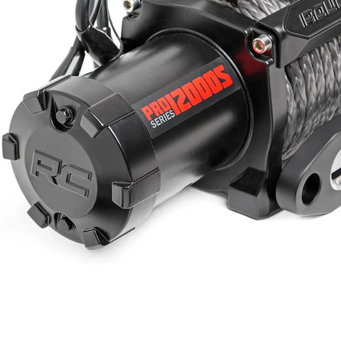 12000 Pound Pro Series Electric Winch With Heavy Duty Synthetic Rope For Off Road Recovery 85 Foot Three Eighth Inch Rope And A Six Horsepower Motor Black Model PRO12000S close-up black motor housing