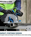 6 1/2 Inch Cordless Circular Saw With Kickass Cold Cut Design For Spark Free Steel Slicing, 20V Brushless Motor, 40T Thin Kerf Blade, Full Battery And Charger Set Ready For Work in use cutting metal.