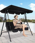 Woman sitting on Three-Seat Outdoor Patio Swing Chair with Adjustable Canopy and Durable Steel Frame for Patio Garden and Poolside Black Finish, ideal for backyard kickback and hangouts.