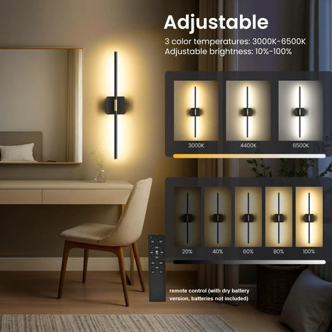 Super Slick 29 Inch Wall Sconces Set Of 2, Matte Black With Gold Accents, 10000 Mah Rechargeable Battery Wall Lights, showing adjustable color temperatures and brightness.