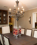 Dining room with chandelier, showcasing LED E12 Candelabra Bulbs 4W 2700K Warm White Bright Filament Clear Glass Non Dimmable 40W