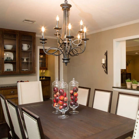 Dining room with chandelier, showcasing LED E12 Candelabra Bulbs 4W 2700K Warm White Bright Filament Clear Glass Non Dimmable 40W