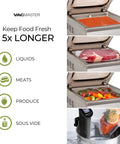 VacMaster VP230 chamber vacuum sealer in stainless steel with lid open; shows liquids, meats, produce, sous vide.