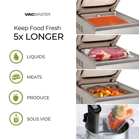 VacMaster VP230 chamber vacuum sealer in stainless steel with lid open; shows liquids, meats, produce, sous vide.