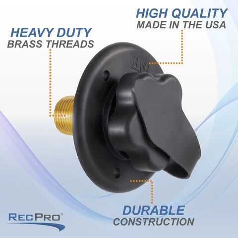 RV City Water Inlet With Brass Check Valve, Black Finish, Made In USA, Heavy Duty Construction, Secure Brass Pipe Threads For Leakproof City Water Fill And Reliable RV Hookups close-up