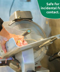 Person using meat slicer with Food Safe Machine Lube For Heavy Duty Gear And Bearings Sanitary Synthetic Gel Lubricant Clear Odorless