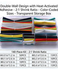 140-piece heat shrink tubing kit with case, assorted colors and sizes, 2:1 shrink ratio, electrical wire insulation set