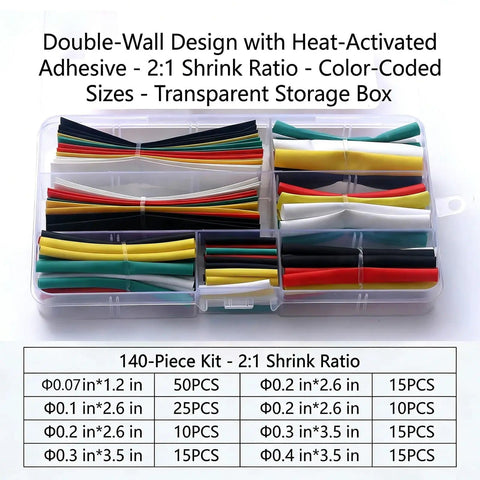 140-piece heat shrink tubing kit with case, assorted colors and sizes, 2:1 shrink ratio, electrical wire insulation set