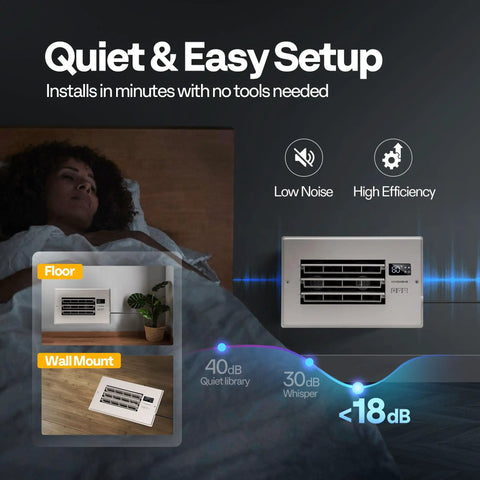All In One Register Booster Vent Fan with Smart Thermostat and Remote, 6x10 In Opening, shown installed quietly on wall.
