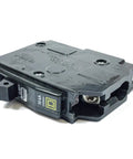 QOB120 Bolt-On 20 Amp 1 Pole Circuit Breaker for 120/240V systems, 10kA, black finish, side view showing bolt and label details