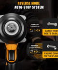 Pro Grade Cordless Impact Wrench Featuring 1000Nm Half Inch Drive And 20V Battery, showing reverse mode and auto-stop system.