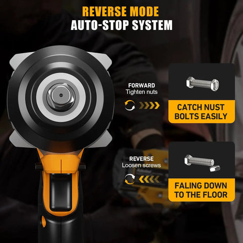 Pro Grade Cordless Impact Wrench Featuring 1000Nm Half Inch Drive And 20V Battery, showing reverse mode and auto-stop system.
