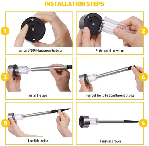Step-by-step instructions for assembling Outdoor Solar Pathway Lights 12 Pack Stainless Steel Waterproof LED Landscape Lighting.