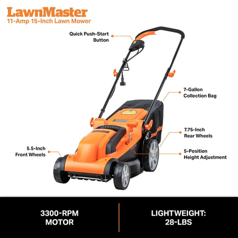 Corded Electric Lawn Mower With 14 Inch Cutting Width And 11 Amp Power For Quick Yard Work No Gas Or Batteries Needed 3,300 RPM