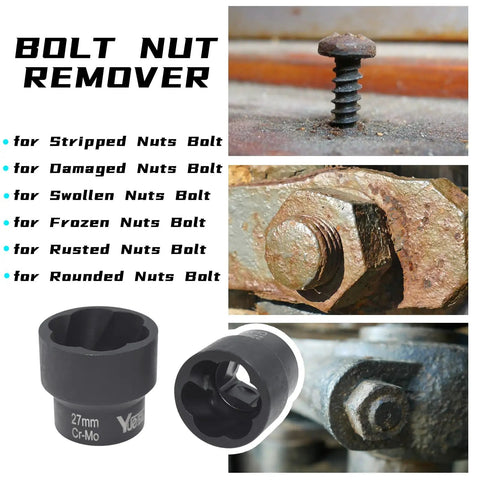 22 Piece Bolt Nut Extractor Set With Half Inch And Three Eighths Inch Drive Wheel Lock Removal Kit shown with damaged nuts