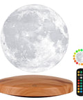 Levitating Moon Lamp Galaxy Light 6 Inch With 18 Color LED Modes, levitating 3D moon and remote control on wooden base.
