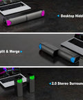 Desktop Gaming Monitor Speakers With Lit RGB Lights Bluetooth Soundbar 2 In 1 USB Powered Split Or Combine Freely For Crystal Clear PC Audio Immersive Game Sound Easy Setup shown next to laptop.