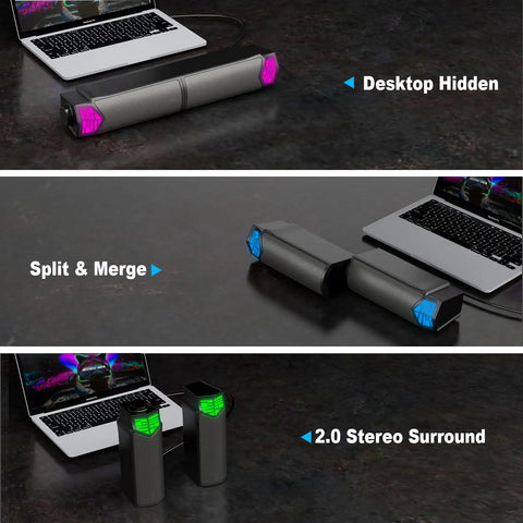 Desktop Gaming Monitor Speakers With Lit RGB Lights Bluetooth Soundbar 2 In 1 USB Powered Split Or Combine Freely For Crystal Clear PC Audio Immersive Game Sound Easy Setup shown next to laptop.