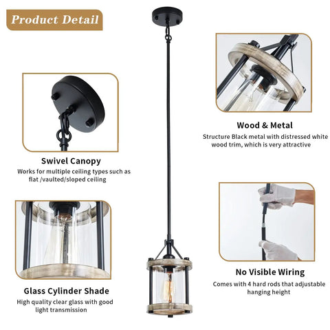 Farmhouse Rustic Pendant Light With Wood And Metal Cage Glass Shade, 43 Inch Adjustable Hanging Light For Kitchen Island Foyer And Hallway, On Point For Flat Or Sloped Ceilings, 2 Pack