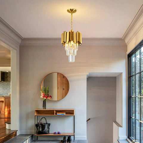Modern 3 Light Crystal Pendant Chandelier For Dining Room And Kitchen Island With Dimmable Soft Glow, gold fixture in entryway