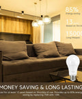 A19 LED Light Bulbs 75W Equivalent Dimmable E26 Base 2700K Soft White 13W 1100 Lumens on living room table with energy savings info