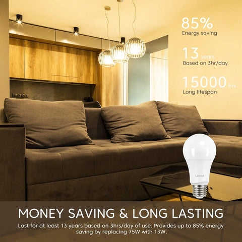 A19 LED Light Bulbs 75W Equivalent Dimmable E26 Base 2700K Soft White 13W 1100 Lumens on living room table with energy savings info