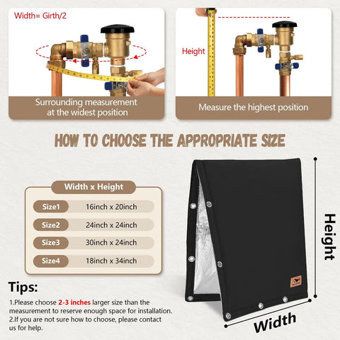 Illustration showing Backflow Preventer Insulation Cover With L Shaped Opening And 2 Way Access For Irregular Pipes Outdoor Sprinkler And Irrigation Valve Cover Winter Freeze Protection 24 By 24 Inches Black over size guide.