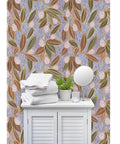 Top Shelf Hand Drawn Botanical Vinyl Wallpaper Featuring Subtle Leather Texture Hella Durable Commercial Wallcoverings Custom Printed Fresh On Demand Paste The Wall Setup For Rooms And Offices in a bathroom setting with towels and decor.