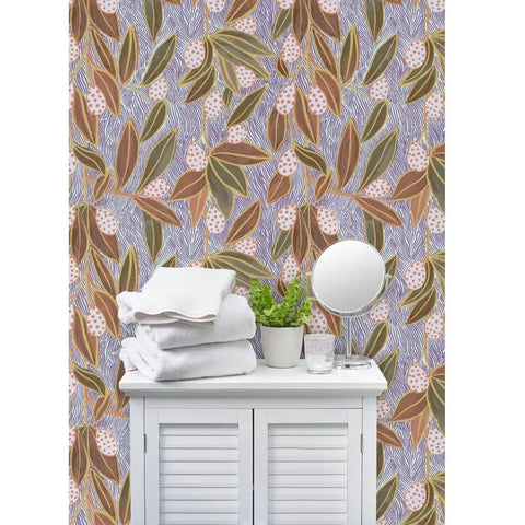 Top Shelf Hand Drawn Botanical Vinyl Wallpaper Featuring Subtle Leather Texture Hella Durable Commercial Wallcoverings Custom Printed Fresh On Demand Paste The Wall Setup For Rooms And Offices in a bathroom setting with towels and decor.