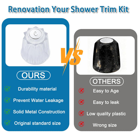 Comparison of Two Piece Bathtub And Shower Knob Replacement Kit showing clear acrylic handle vs. black plastic handle