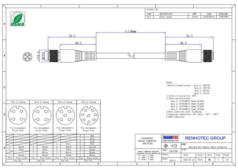 Technical drawing of M12 A Code 5 Pin Female to Female Cable, Double Ended, 1 Meter Length for industrial automation use.