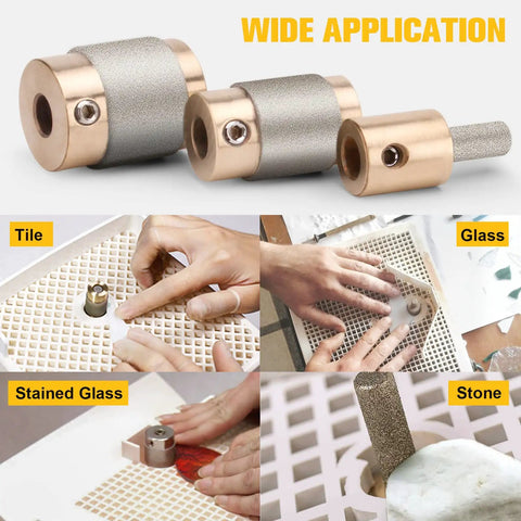 Stained Glass Diamond Grinder Bit Set With Brass Core, Three Sizes In One Pack, shown for tile, glass, stained glass, stone