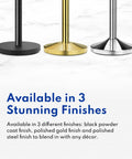 Stanchions Set Of 2 36 Inch Height With Six Point Five Foot Retractable Belt Heavy Duty Workhorse Steel Crowd Control Barriers Black Powder Coated Posts Silver Belts For Event Safety And Restaurant Queue Management bases in three finishes: black, gold, silver on marble surface.
