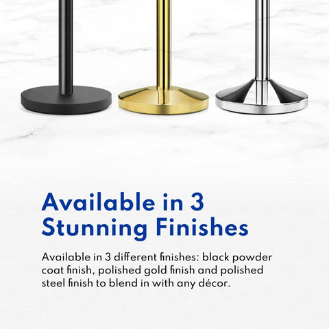 Three stanchion bases in black, gold, and silver finishes, highlighting the Stanchions Set Of 2, 36-Inch High, 6.5-Foot Retractable Belt, Boss-Grade Heavy-Duty Steel With Black Powder Coat, Hazard Pattern Crowd Control Posts For Events And Venues variety.