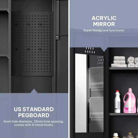 Interior features of Beefy Steel Garage Storage Cabinet including US standard pegboard and acrylic mirror.