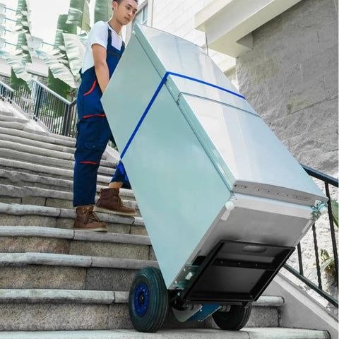 Heavy Duty Electric Stair Climbing Dolly With 551 Lb Load Capacity For Super Smooth Lifting Easy Moving And Heavy Delivery Tasks To Save Your Back and Crush Warehouse Or Upstairs Moves Without The Grind, navigating stairs with a large load.