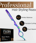 Professional Hair Cutting Razor Kit With Stainless Steel Feather Styling Blade And 11 Replacement Inserts For Pro Thinning Texturizing And Precision Cuts For Salons And Home Use Featuring Secure Grip And Keen Edge Design To Help You Slay Crisp Fades, showcasing the iridescent hair styling razor and blade box.