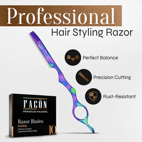Professional Hair Cutting Razor Kit With Stainless Steel Feather Styling Blade And 11 Replacement Inserts For Pro Thinning Texturizing And Precision Cuts For Salons And Home Use Featuring Secure Grip And Keen Edge Design To Help You Slay Crisp Fades, showcasing the iridescent hair styling razor and blade box.